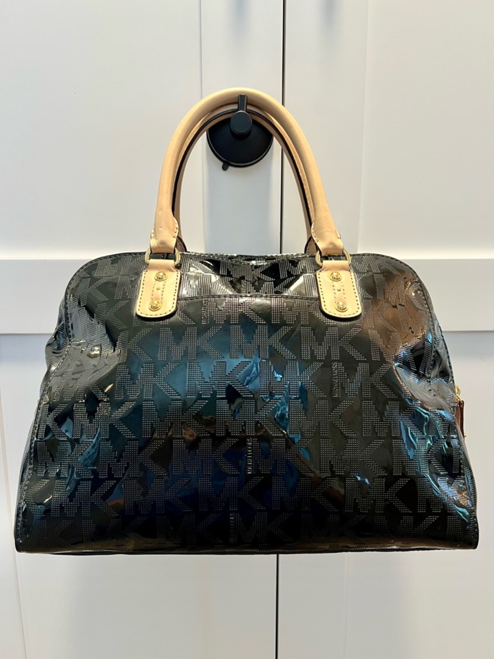 Michael Kors Patent Leather MK Monogram Dome Satchel with Cream Handles